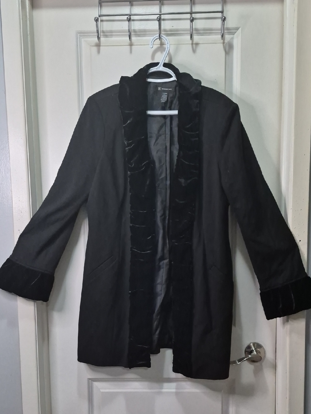 INC International Concepts Black Dress Coat with Velvet Trim